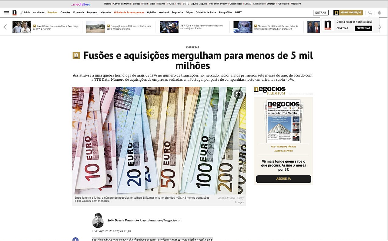 Fuses e aquisies mergulham para menos de 5 mil milhes